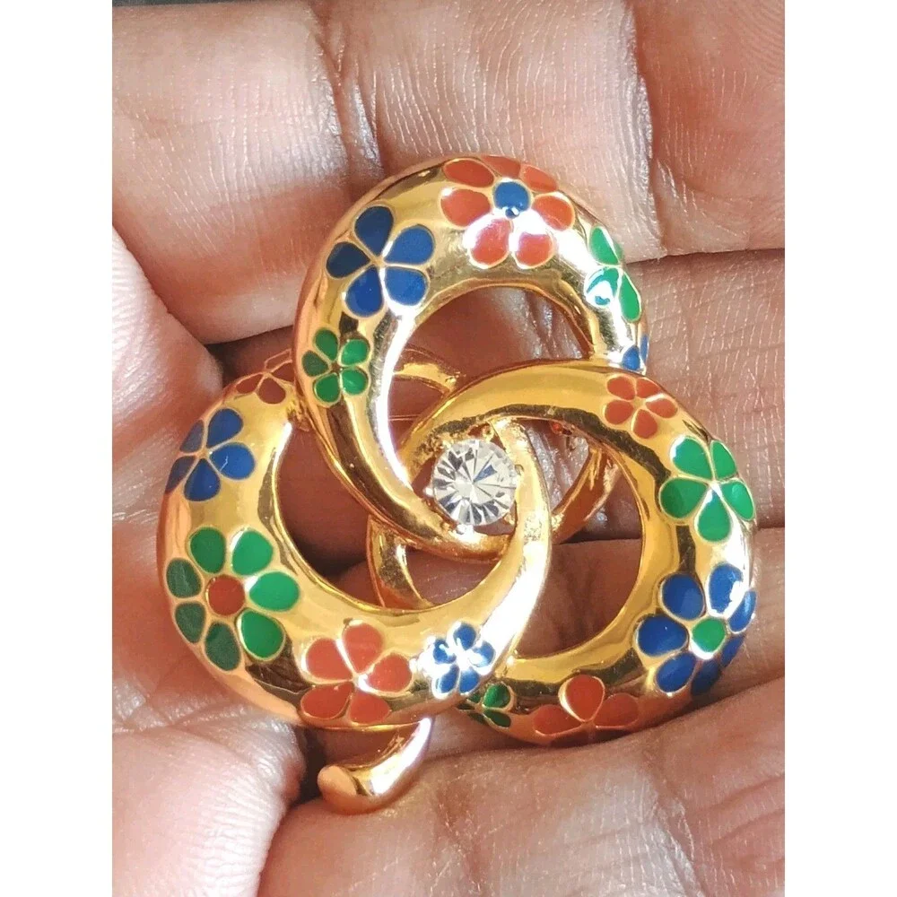 Joan Rivers Shamrock Orange Green Blue Enamel Rhinestone Gold Tone Brooch
